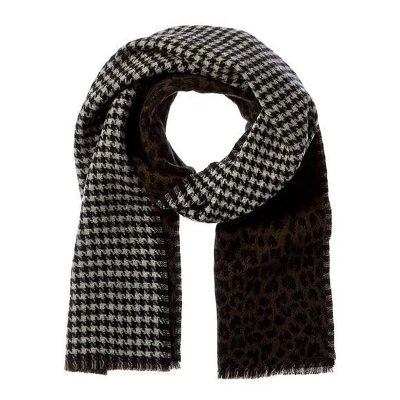 NWT ALLSAINTS Reversible Leopard Woven Scarf Army Green Houndstooth Wool Blend - Picture 1 of 6